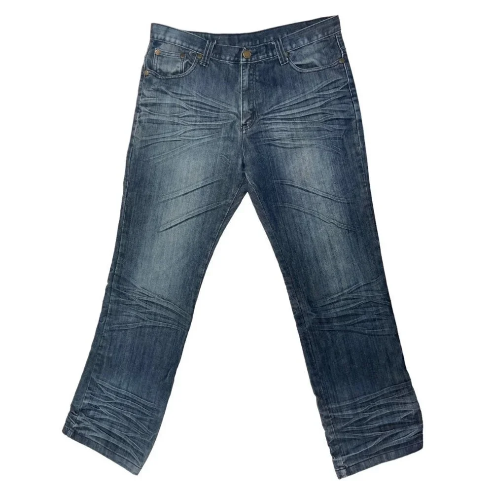 INDIGO 30 Men's Dark Denim Whiskered Jeans 36x34 Flaps Embroidery Bootcut EUC‎